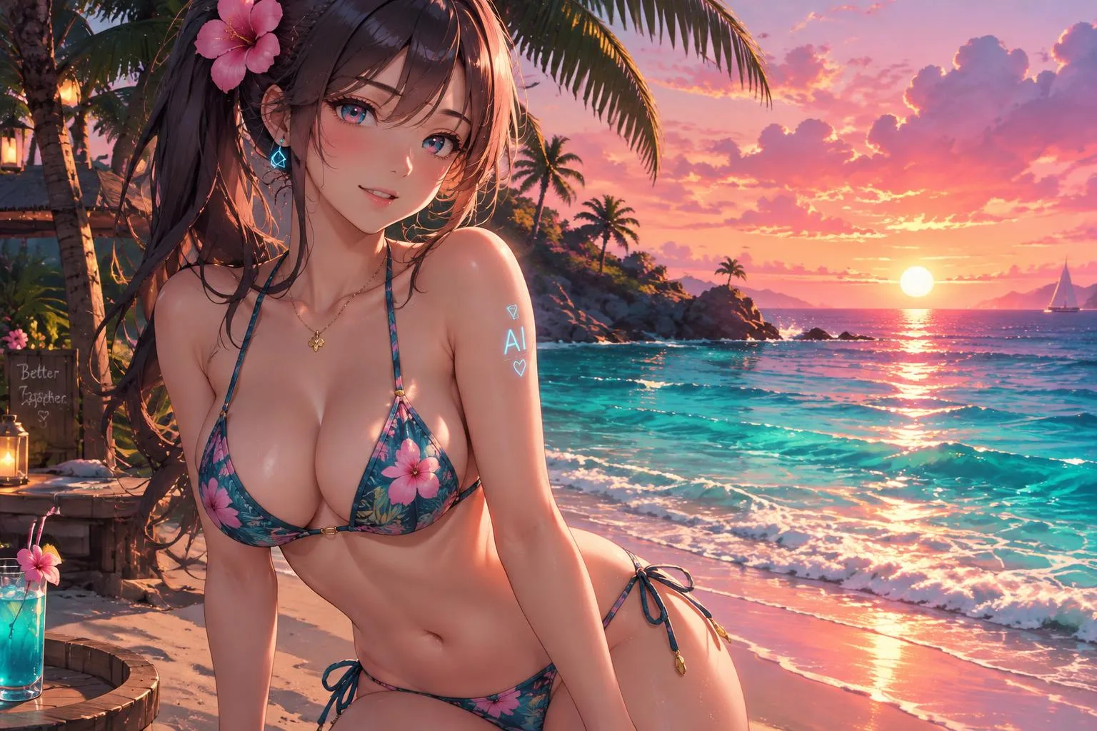 Anime AI girl on a tropical beach at sunset — CharactersChat